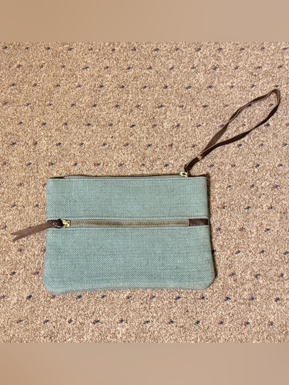 Mint Green Canvas Wristlet Clutch with Brown Strap